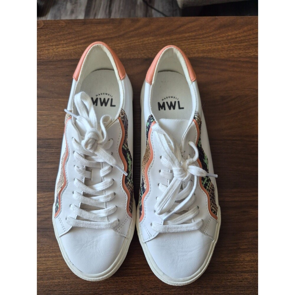 Madewell MWL Sidewalk Low Top Leather Sneakers Snake Print Accent Lace Up Size 8